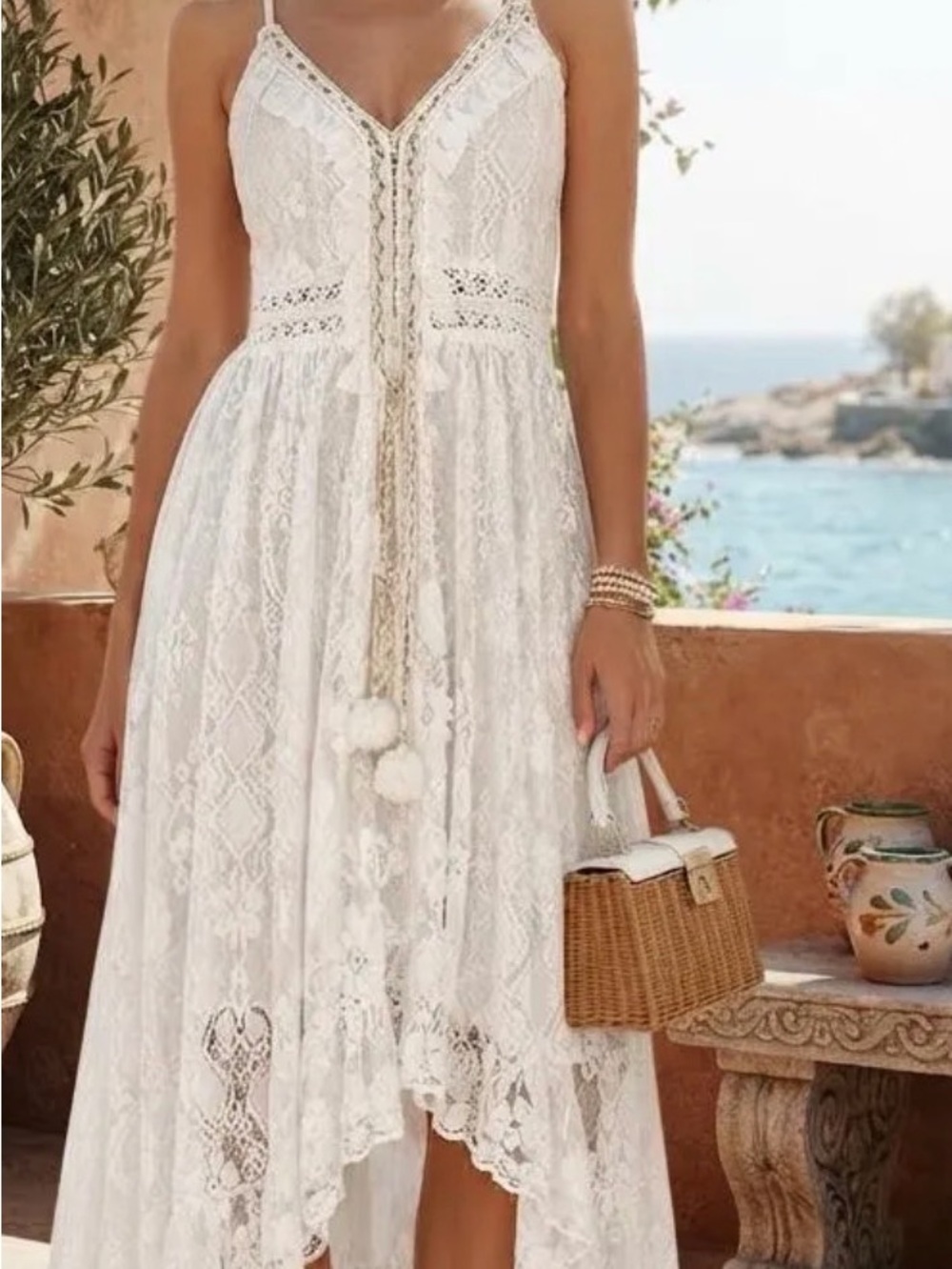 Cupshe White Lace Midi Dress with Pom-Tie Waist